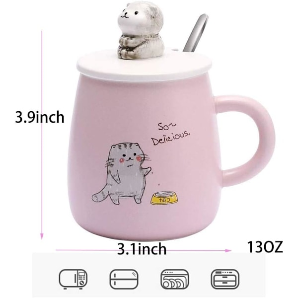 Kattmugg, söt kaffemugg i keramik, med 3D-formad kattlock och sked, för te, mjölk, varm choklad, födelsedagspresent till flickor och kvinnor 10x8cm (rosa)