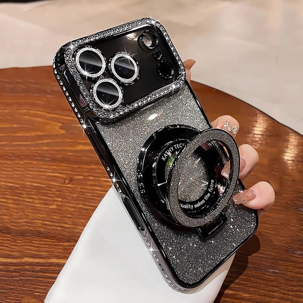 Magnetiskt ställ för iPhone 18 Pro Max-fodral med glittrigt bling-kort, svart Black iPhone18PROMAX
