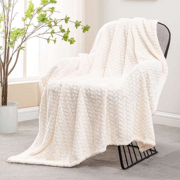 Flanellfleecefilt, 127x178 CM soffkast, mjukt jacquardvävt bladmönster kast för soffa, elfenbensfilt