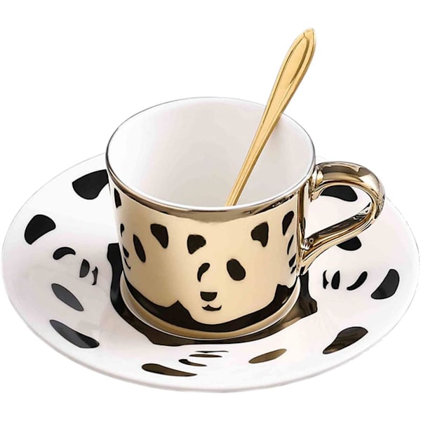 Panda mønster refleksion spejl kaffekop, guld porcelæn kaffekrus, keramisk te kop og underkop, 250ml