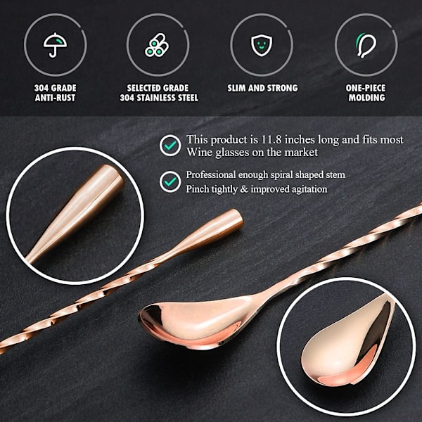 Cocktail-omrøringskje i rustfritt stål, lange håndtak, lang vridd cocktail-omrører for bartender, lang og attraktiv spiraldesign for omrøring Rose gold