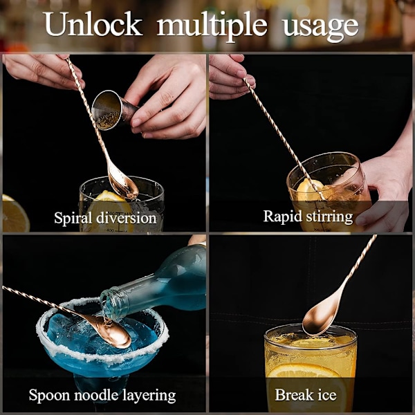 Cocktail-omrøringskje i rustfritt stål, lange håndtak, lang vridd cocktail-omrører for bartender, lang og attraktiv spiraldesign for omrøring Rose gold