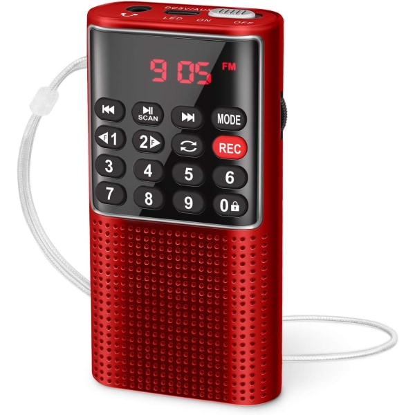 Fickradio med inspelare, med låstangent, SD-kortläsare, uppladdningsbart batteri för promenader, jogging och träning