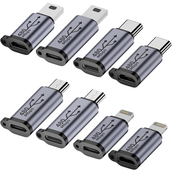 USB C till Micro USB-adapter, Typ C/Micro USB-hona till Lightning-hane-omvandlare, Micro USB till USB C-förlängare (8-pack)