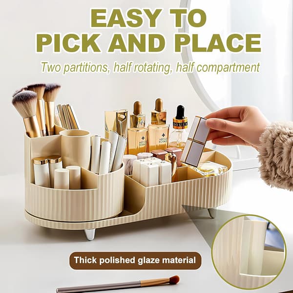 Roterende Makeup Organizer og 2-i-1 Rum, Makeupbørsteholder, 360 Graders Makeup Organizer