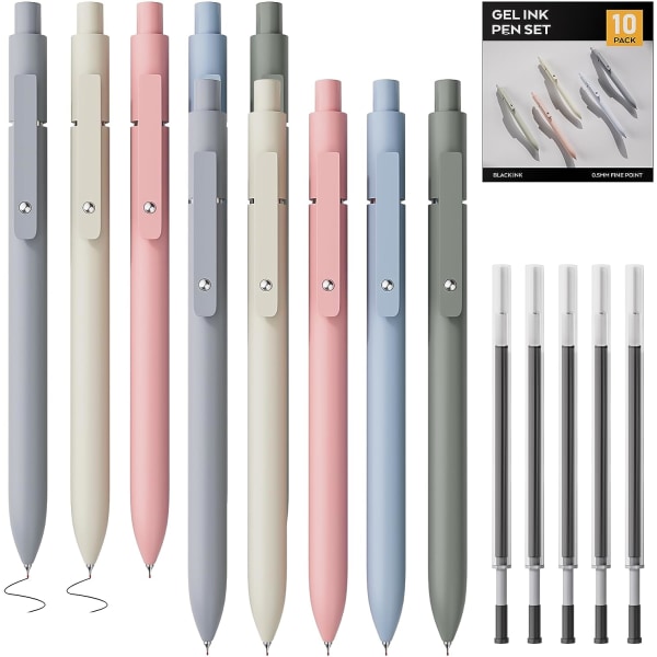 10 st söta pastellgelpennor med 5 extra påfyllningar, 0,5 mm finpunktsskrivpennor, snabbtorka indragbara svarta bläckpennor, för kontorsmaterial till skolan