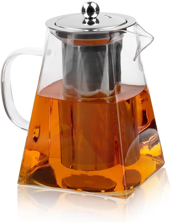Glastekande, glastekande med filter i rustfrit stål, firkantet glastekande, ideel til te og kaffe