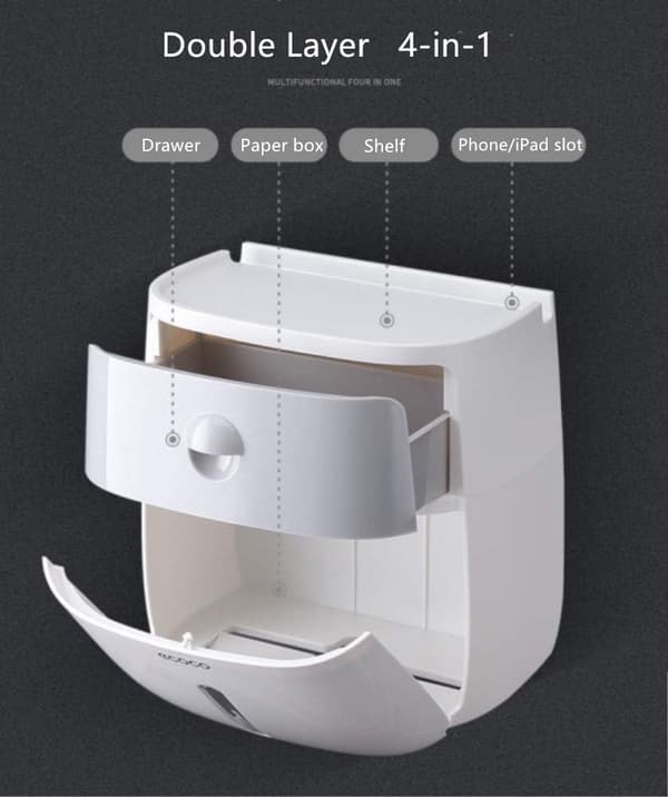 Väggmonterad pappershanddukshållare Rullar Tissue Holder Box med Liten Låda (GRÅ)