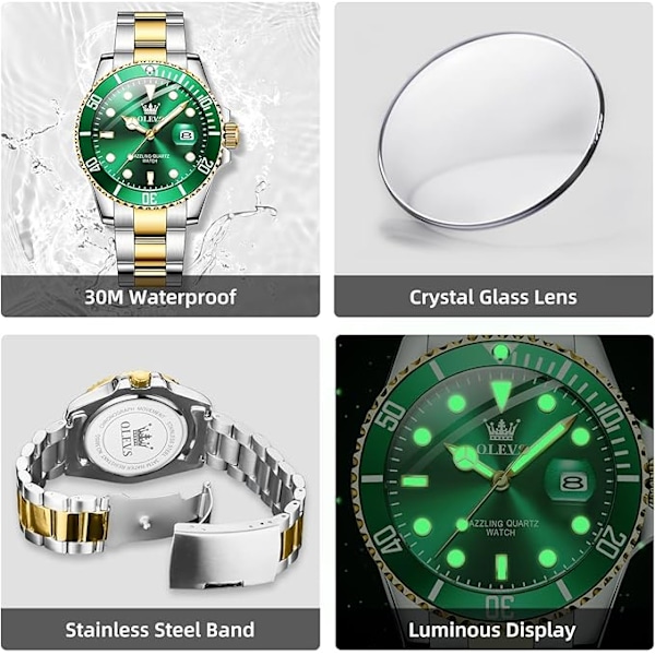 OLEVS Herreure Sort Green Dial/Gold Silver Band