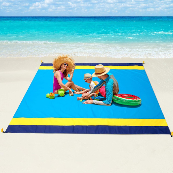 Strandfilt, Sand Resist Strandmatta 79\" X 82\" Lämplig för 1-3 Vuxna, Vattentät Lätt Picknickmatta Blue Yellow 83"L x 79"W