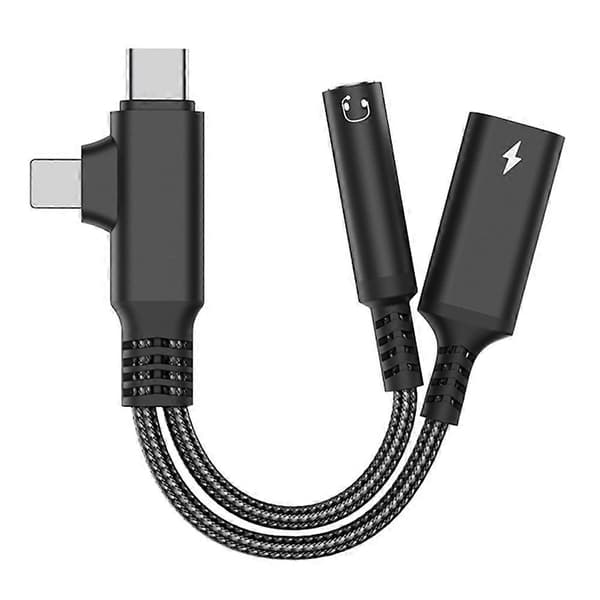 L-formet iP/USB-C til 3,5 mm hun + Type-C ladekabel lydladeadapter - Svart
