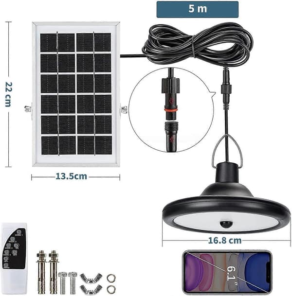 Solcellelampe, 4 moduser, 6 lysstyrkenivåer, med bevegelsessensor, fjernkontroll, varmhvit