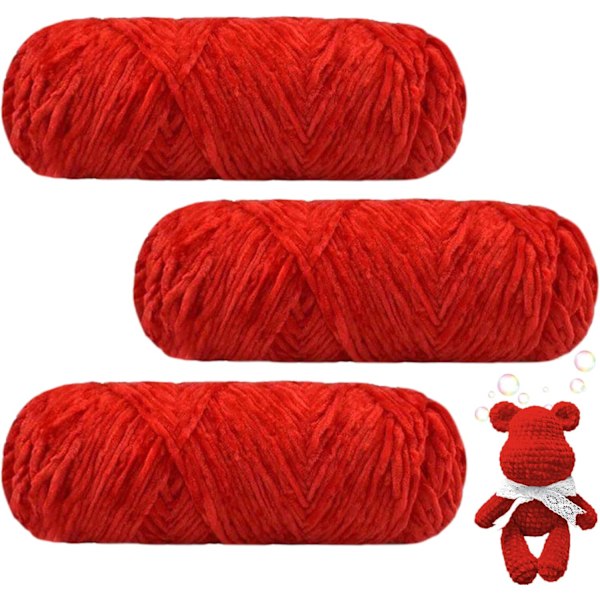 Chenillegarn, Chenillegarn för Virkning, 3 Rullar Garnbollar för DIY Stickning och Virkning, Hantverk Red