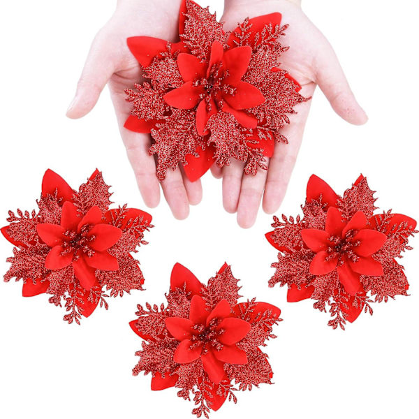 Glitter Poinsettia Konstgjorda Blommor - 12 st Ljusröda Dekorationer