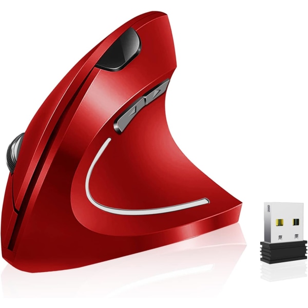 Ergonomisk mus, genopladelig trådløs mus, 2,4 GHz trådløse vertikale optiske mus med USB-modtager, 6 knapper, 800/1200/1600 DPI Red