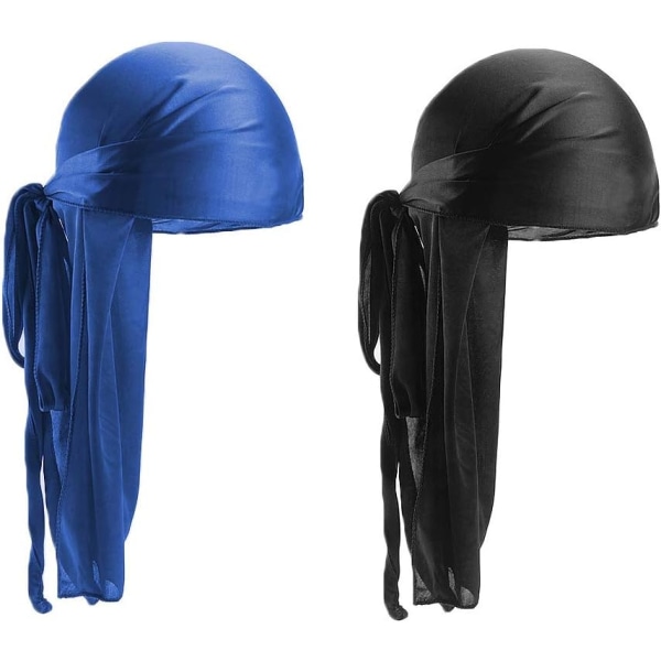 2 stk. Lange Hale Durag, Unisex Silke-lignende Hovedbeklædning Brede Stropper Pirat Hårtab Chemo Cap til Hip-hop og Daglig Dekoration