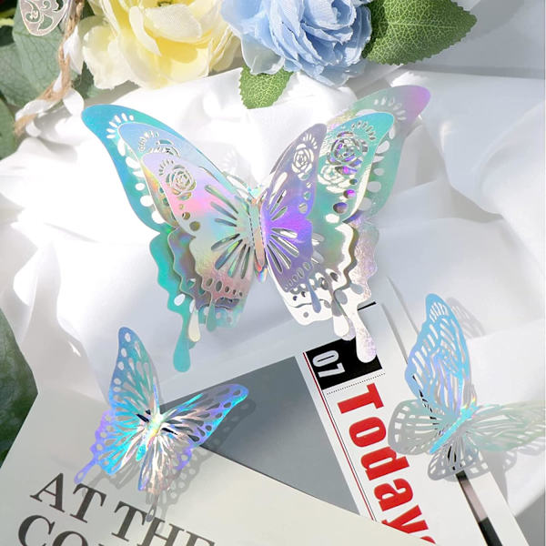 3D Butterfly Wall Decor, 24PCS Flyttbare Hule Butterfly Wall Stickers, Sølv Butterfly Wall Decals C style