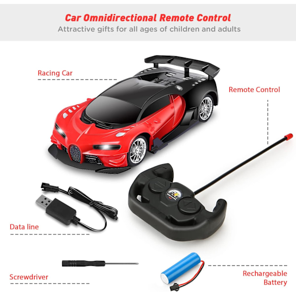 Fjernstyrt bil for barn 1/16 skala med LED-lys Høyhastighets oppladbar hobbylekebil, gave 3 4 5 6 7 8 9 år gamle gutter og jenter (rød)