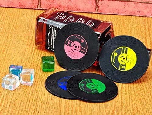 4x retro CD-brikker, vinyl, kaffe, drikke, skåler