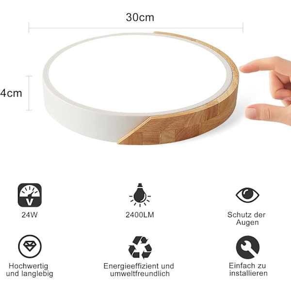 LED-kattovalaisin, Puinen kattovalaisin, 24W pyöreät valot, Valkoinen valo 6500K, Ø30CM