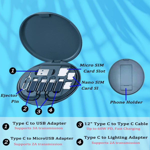 Multi USB-laddningsadapterkabelkit, USB C till Lighting-adapterbox (blå) blue
