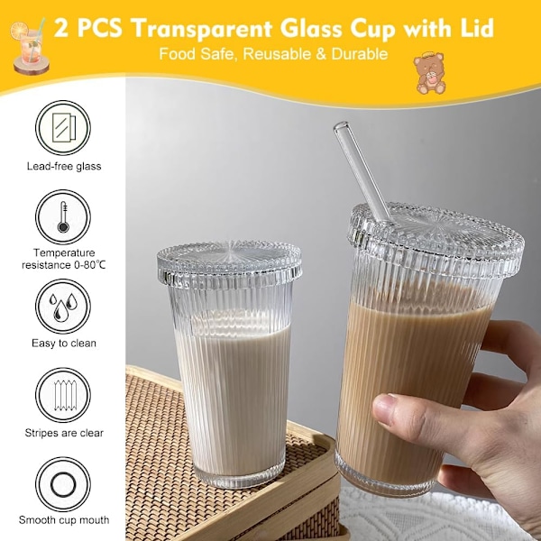 2 stk. Kopper med Låg og Strå 380ML Glas Kopper med Låg og Strå Genanvendelige Glas Kopper, Rejse Kande (Transparent)