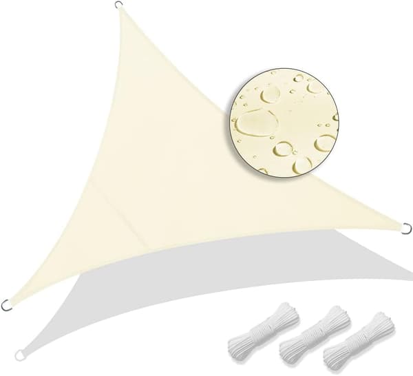 Triangulär solsegel Vattentät UV-skydd 95% Polyester Resistent och andningsbar för trädgård Terrass med rep 5m Beige