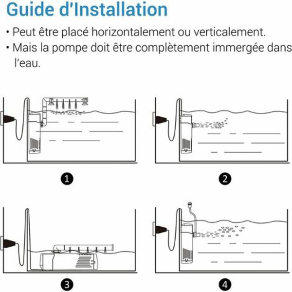 Akvarieintern filter med 3W 350L/H flow vandpumpe, intern filter til ferskvandsakvarier op til 40L