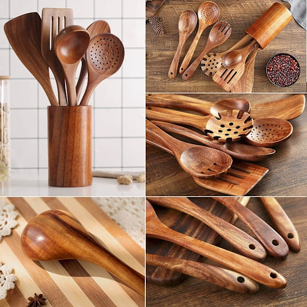 Tresetter i tre for matlaging, 7 stk tresleiver for matlaging i teak tresleiver sett tresleiver