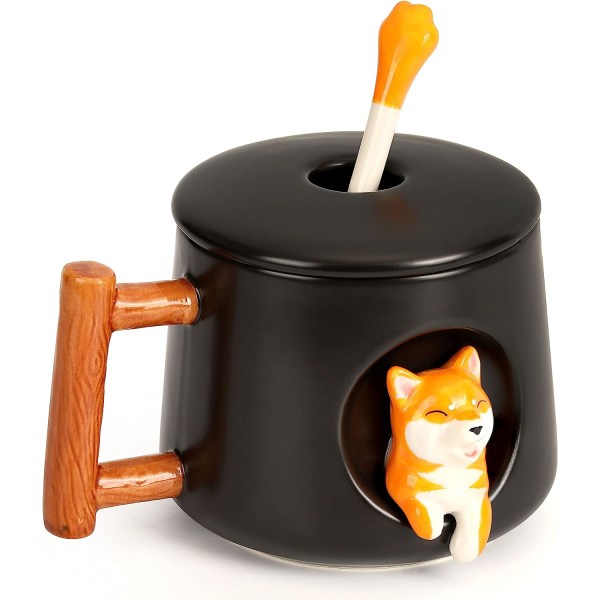 3D Shiba Inu söt kaffemugg, mönster inuti 14 oz kopp med öppningslock och härlig matchande söt tasssked