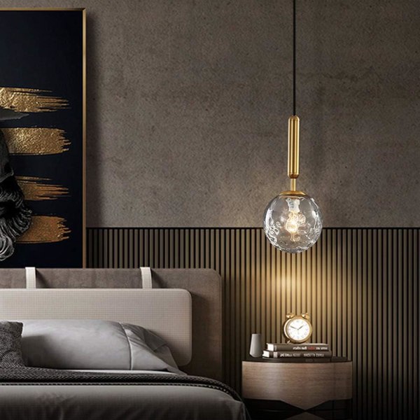 Nordisk moderne minimalistisk lysekrone glasskule taklampe enkelt hode hengende loft lysekrone soverom (transparent vannbølge)