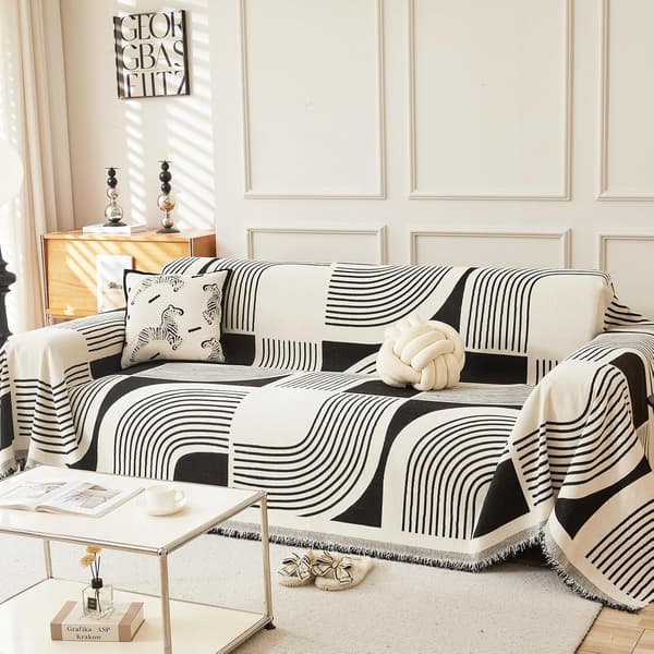 Boho Sofatrekk 3-seter, Chenille Sofatrekk, 180 x 260 cm, Svart, Vaskbart, Sklisikkert, Dyrevennlig Sofatrekk med Dusker 180*260cm Black