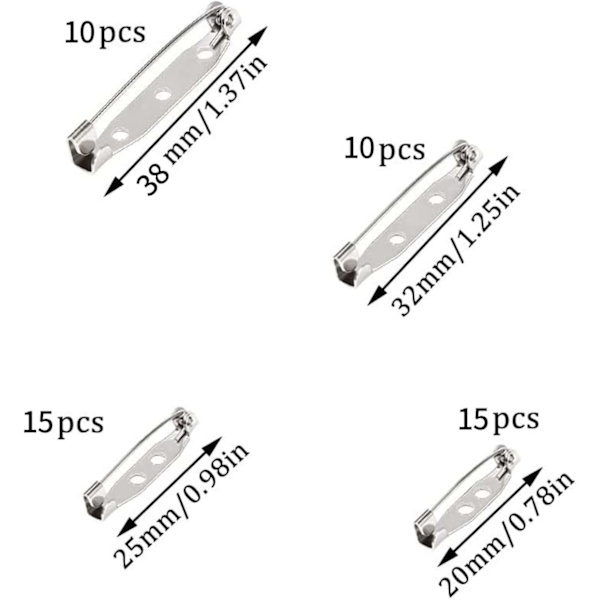 50 st broschnålar, broschryggar silverstångsnålar, bakspänne broschsäkerhetsnålar för hantverk sömnadskläder Namnskyltar (20,25,32,38mm)
