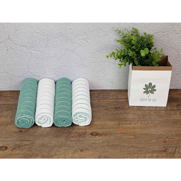 Mikrofiber Diskhanddukar - 8-pack (Ränder Design Grön och Vit Färger) - Mjuk, Superabsorberande, 45 x 65 cm