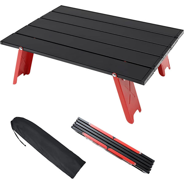Camping Fällbord, Lätt Bärbar Mini Fällbord i Aluminium med Bärväska, Liten Praktisk Rullbar Sidotablett (Röd)