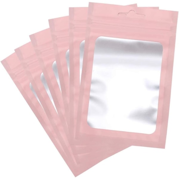 Foliepåse påse med 100-pack, rosa återförslutningsbar Mylar Zip Lock foliepåsar med genomskinligt fönster, 8 x 13 cm