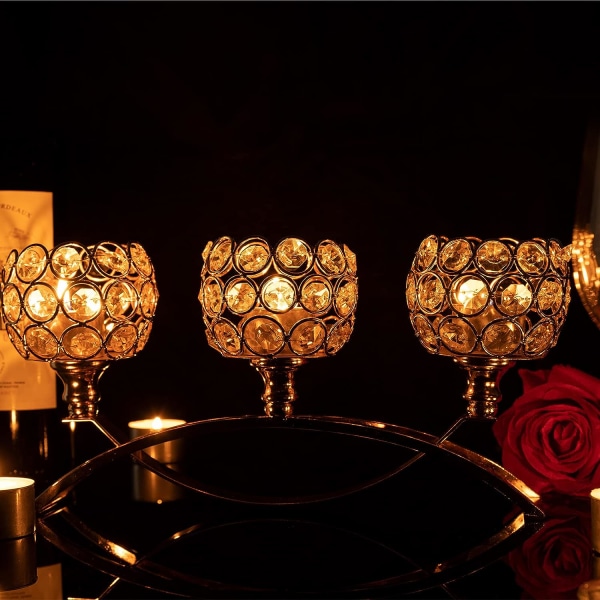 3-armad kristallljushållare, bågkristall värmeljusljushållare för bröllopsmiddag med levande ljus, dekorativt hem, silver