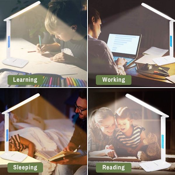 Dimbar LED-bordlampe, 3 moduser/ 5 lysstyrkenivåer/LCD-skjerm/alarmklokke/temperatur og kalender, øyebeskyttende berørings-LED-skrivebordslampe White