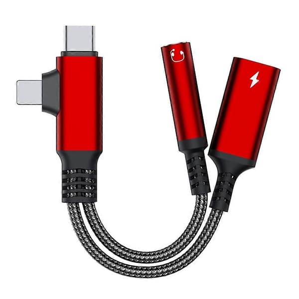 L-formet iP/USB-C til 3,5 mm hun + Type-C ladekabel lydladeadapter - Rød