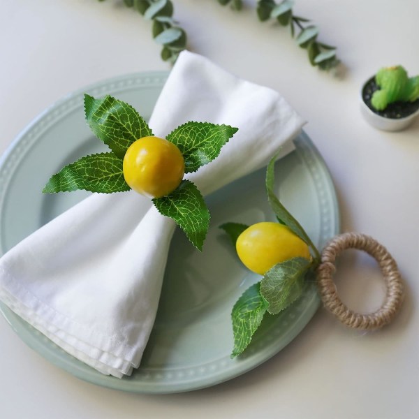 Handgjorda servettringar set om 4, gul falsk citron med vine servettring för bröllop, middag, bankett, serviett