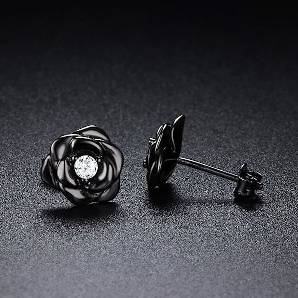 Små Øredobber S925 Sølv Blomster Øredobber for Kvinner Jenter, Cubic Zirconia Øredobber Brusk Øredobber, Smykker Gaver Black