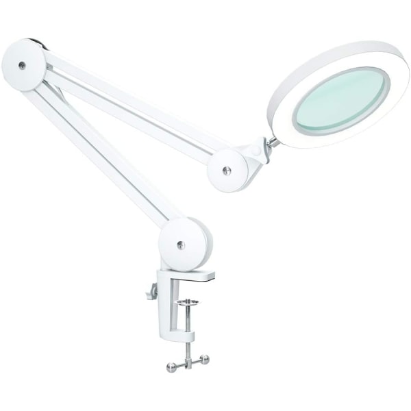 Förstoringslampa, arbetslampa - med 105 mm 5 dioptri glaslins, metallklämma, svängbar arm, dimbara lampor i 3 färgläge 16 watt vit