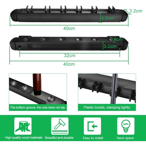 Trestativ i tre for biljardkøer, 6 køer, veggmontert biljardstativ med 4 skruer og 4 ekspansjonsskruer, svart biljardstativ (40 cm)