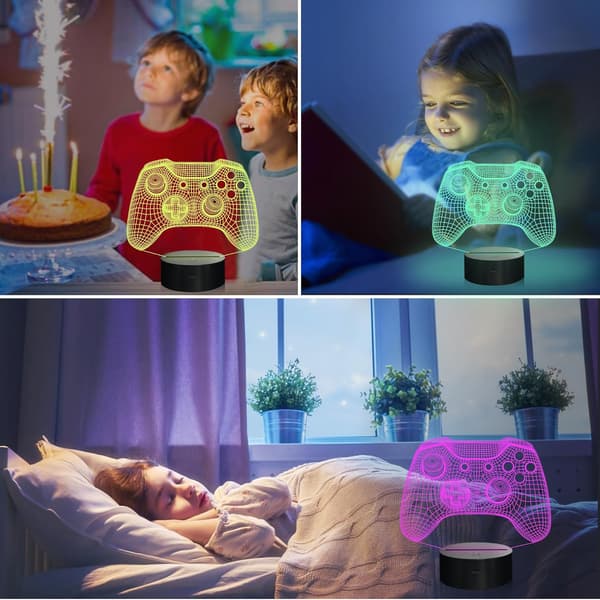 Gamepad 3D Illusion Lampe, Controller Nattlys med Fjernkontroll + Timer 16 Fargeskiftende Skrivebordslampe