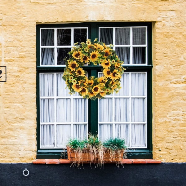 Konstgjord solroskrans 45 cm sommar höst stora kransar vår runt blomma gröna blad