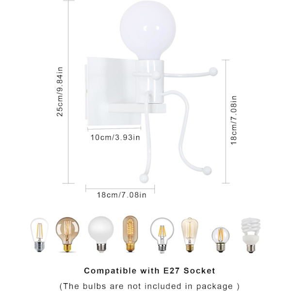 Menneskeformet kreativ innendørs vegglampe, moderne retro stil svart vegglampe, E27 lysestake vegglampe (hvit)