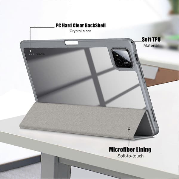 Tri-fold stativ PU-skinn+TPU+Klar PC-bakdeksel til Xiaomi Pad 7 Pro/Pad 7 - Grå