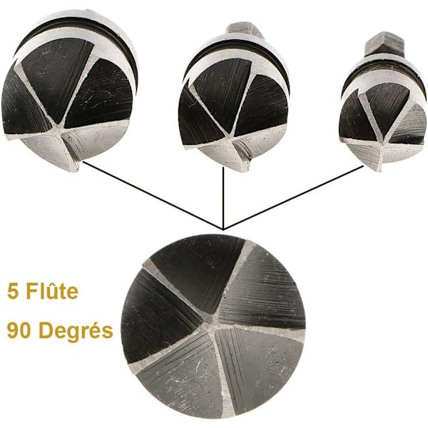 3 st 1/4\" Hex HCS Fasavskärare 5 Flöjt Borr Bits Fasavskärare Sänksänk 12mm/16mm/19mm För Trä Metall