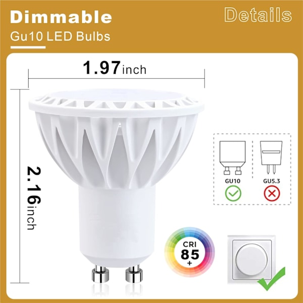 GU10 LED-pærer 2-pinners spotpære 2700/4000/6000K, GU10 LED-pæreerstatning for innfelt skinnespot, 5W, 6-pakning 2700K