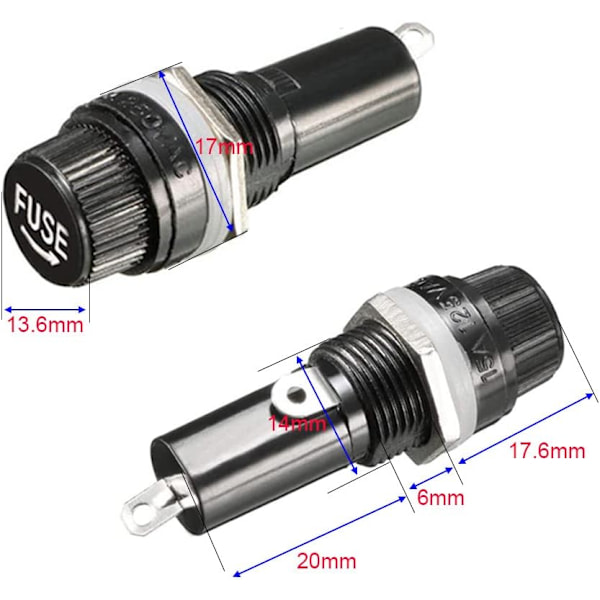 6 stk. 6x30mm Sikringsholder AC 10A 250V Sort Skruelåg Sikringsholder, Panelmonteret Skruelåg Sikringsholder